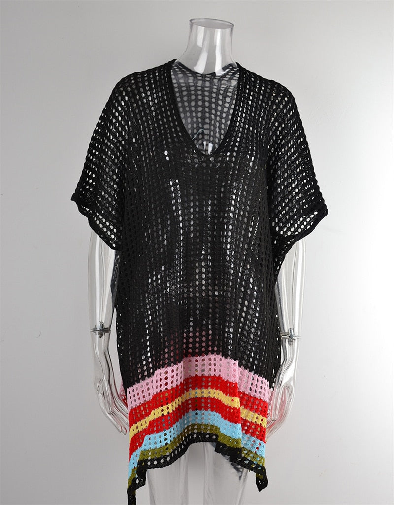 New Beach Cover Ups for Swimwear Stripped Beachwear - White Split Knit Pink Cover Up Summer Sun Dress on The Sea Cape