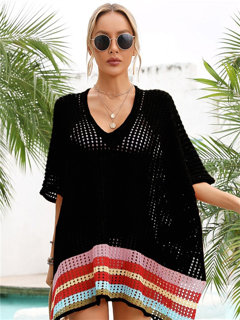 New Beach Cover Ups for Swimwear Stripped Beachwear - White Split Knit Pink Cover Up Summer Sun Dress on The Sea Cape color 3 One Size