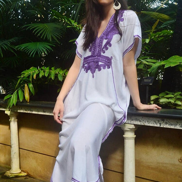 New Bohemian Dress Sold Embroidered Long Kaftan Pareos Maxi Dress Loose Beach Cover Up Robe Plage Color 02 One Size