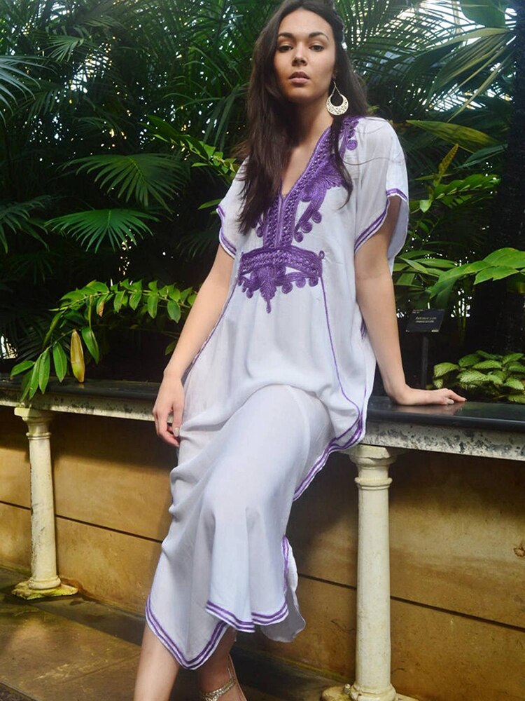 New Bohemian Dress Sold Embroidered Long Kaftan Pareos Maxi Dress Loose Beach Cover Up Robe Plage Color 02 One Size