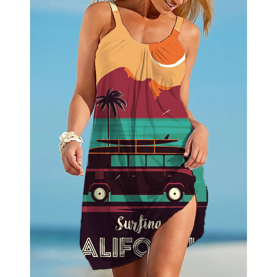 New Boho Nature Scenery Beach Dress Ship And Car Printing Shoulder Sleeveless Sundress Summer Holiday Beachwear AQDWS107883SJ1922