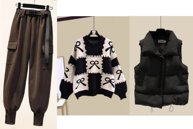New Casual Women's Tracksuit 3 Piece Set Loose Knit Pullover Sweater + Cargo Pants Sets with Belt + Down Cotton Vest Suit Y2k 3 piece set 7