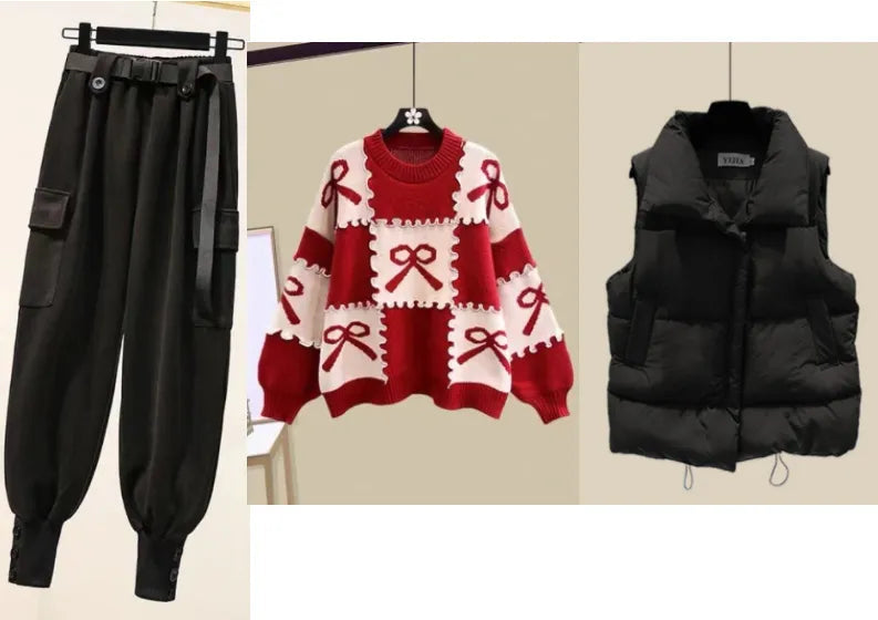 New Casual Women's Tracksuit 3 Piece Set Loose Knit Pullover Sweater + Cargo Pants Sets with Belt + Down Cotton Vest Suit Y2k 3 piece set 4