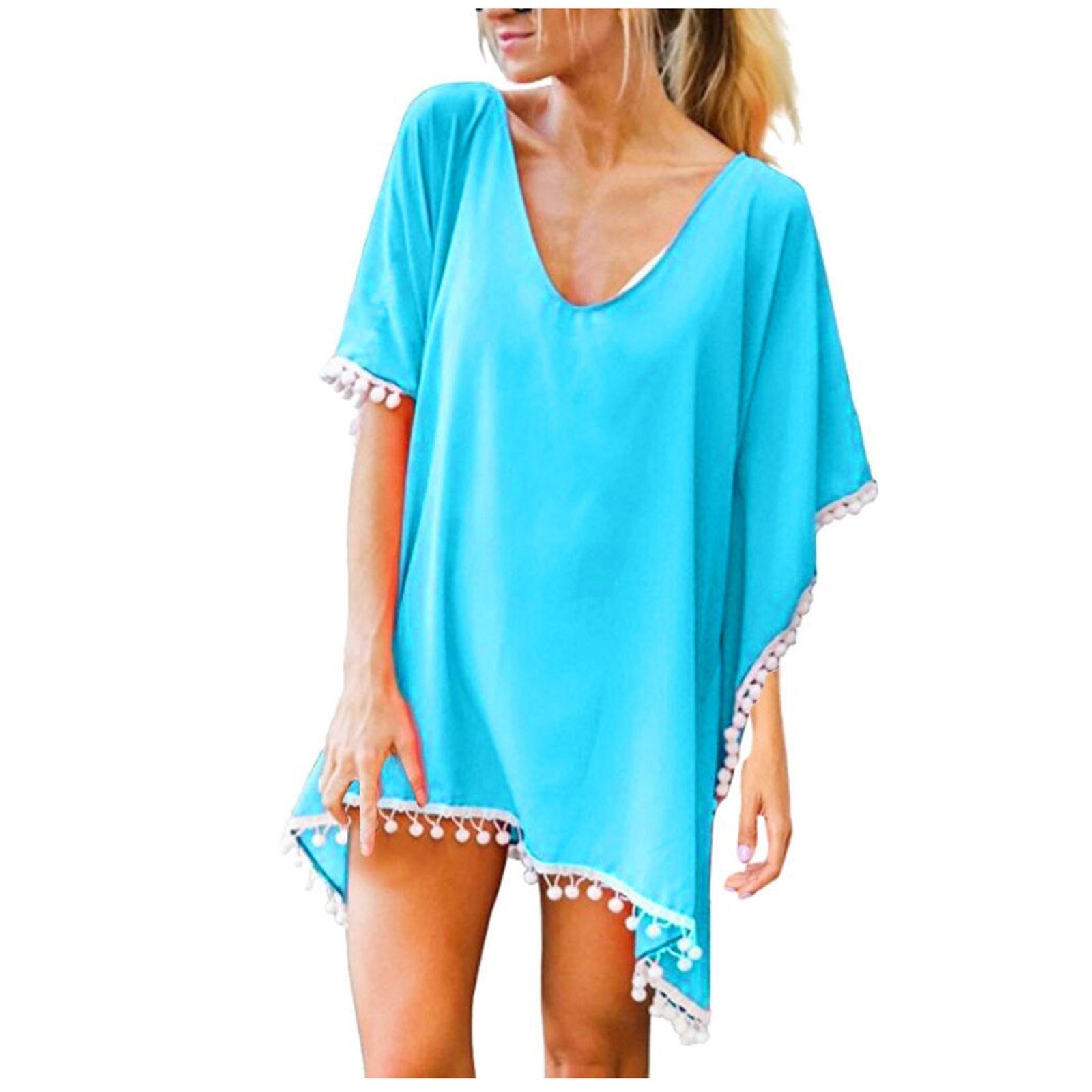 New Chiffon Tassels Beach Wear Swimsuit Cover Up Swimwear Bathing Suits Summer Cover-Ups Loose Solid Pareo Cover Ups Sky Blue