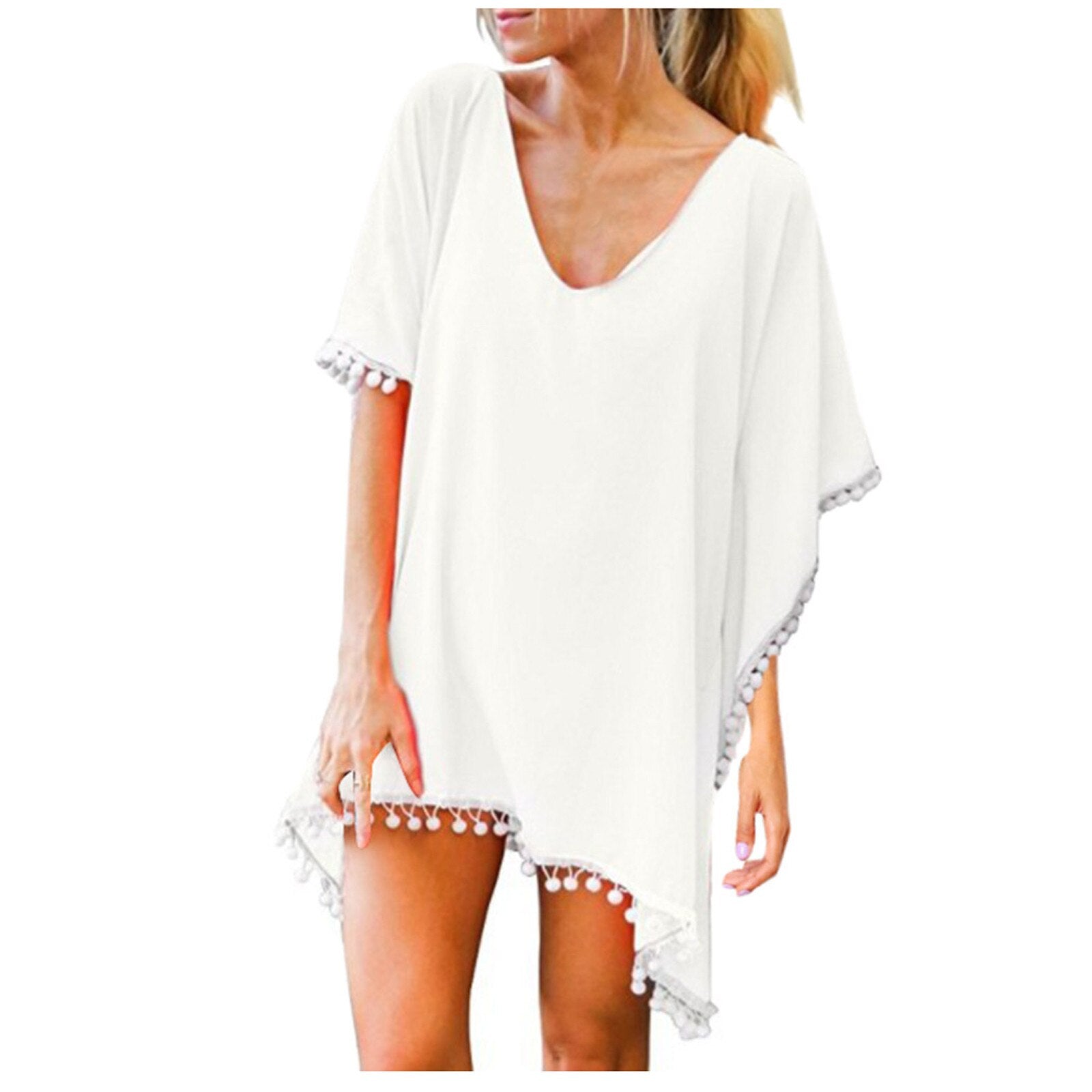 New Chiffon Tassels Beach Wear Swimsuit Cover Up Swimwear Bathing Suits Summer Cover-Ups Loose Solid Pareo Cover Ups White