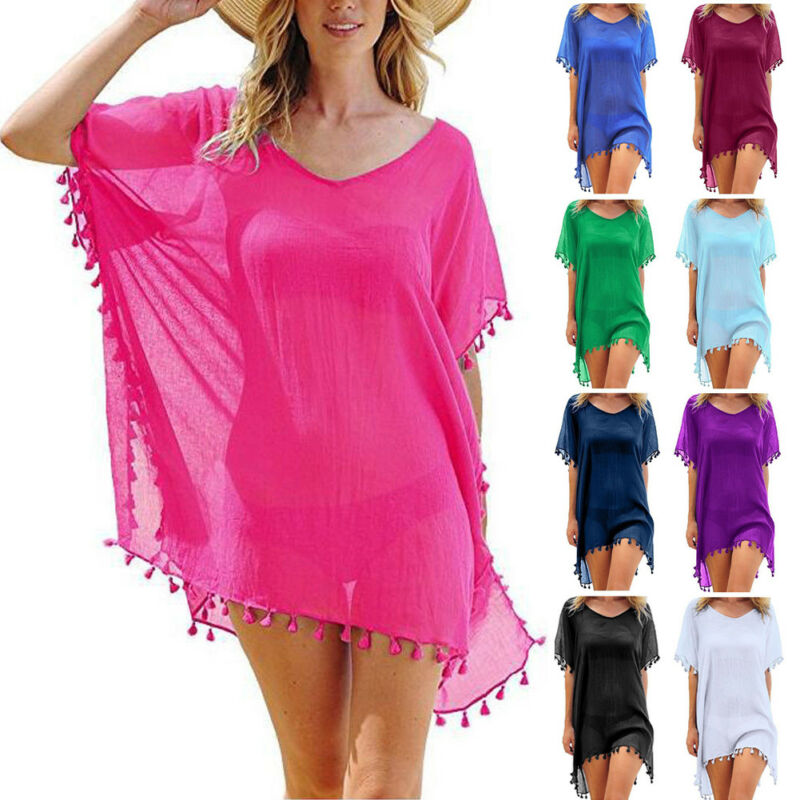 Chiffon Tassels Beach Wear Swimsuit Cover Up Swimwear Bathing Suits Summer Mini Dress Loose Solid Pareo Cover Ups