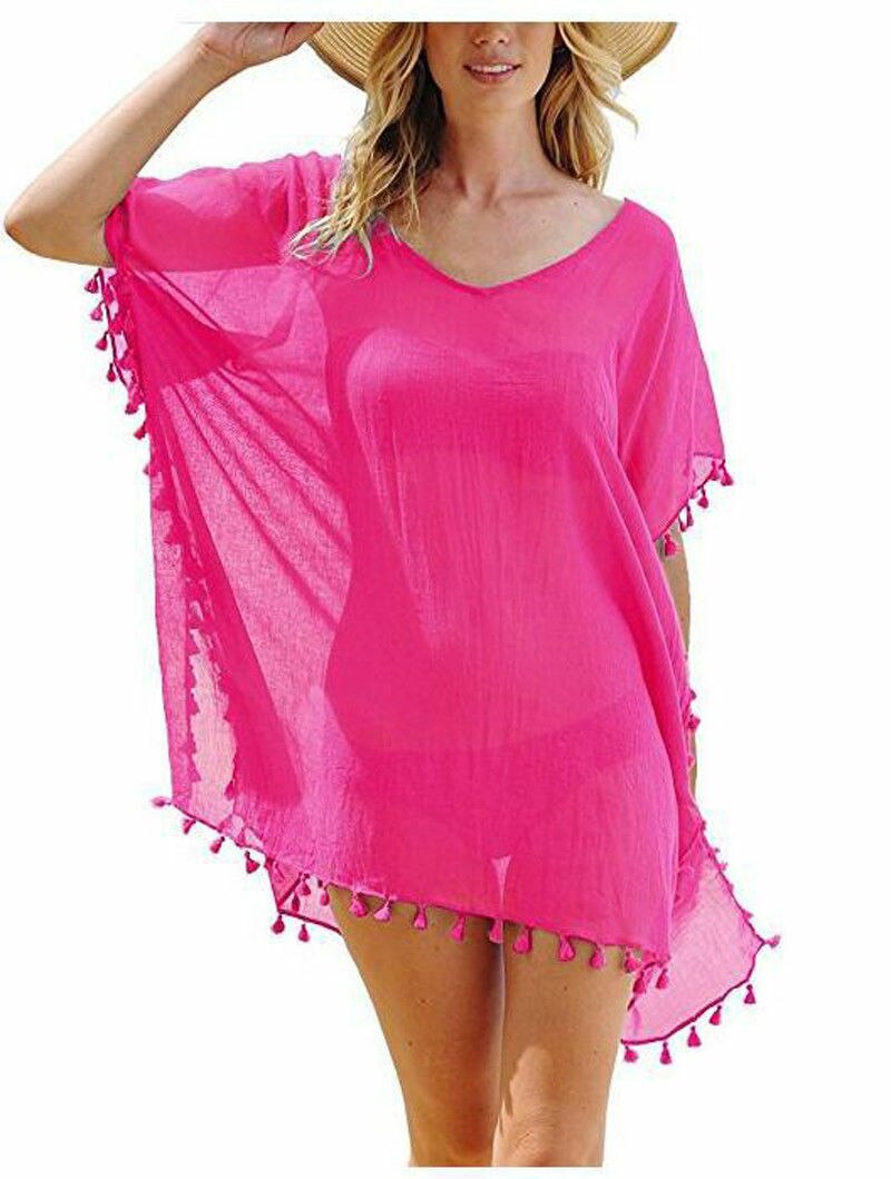 Chiffon Tassels Beach Wear Swimsuit Cover Up Swimwear Bathing Suits Summer Mini Dress Loose Solid Pareo Cover Ups Pink
