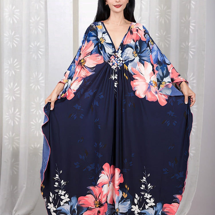 New Cover-up Over size Print Bohemian Maxi Dress Summer Swimsuit Cover Up Color-12 Polyester One Size
