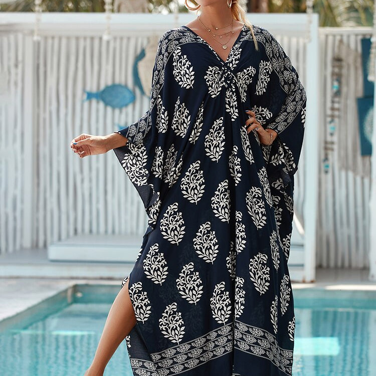 New Cover-up Over size Print Bohemian Maxi Dress Summer Swimsuit Cover Up Color-25(Rayon) One Size