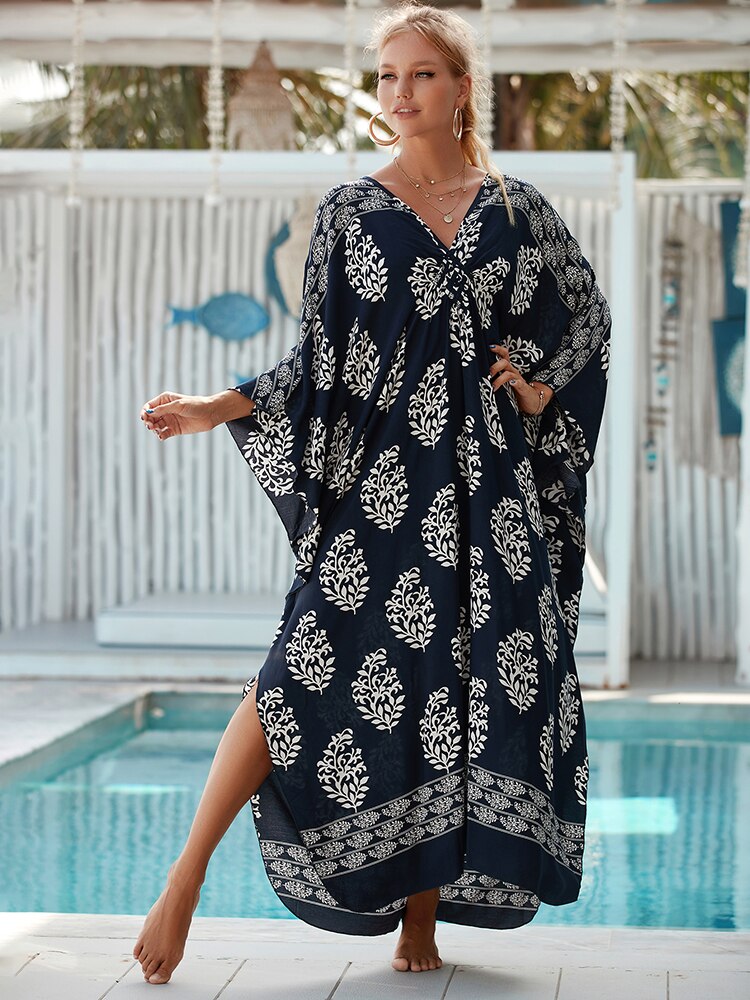 New Cover-up Over size Print Bohemian Maxi Dress Summer Swimsuit Cover Up Color-25(Rayon) One Size