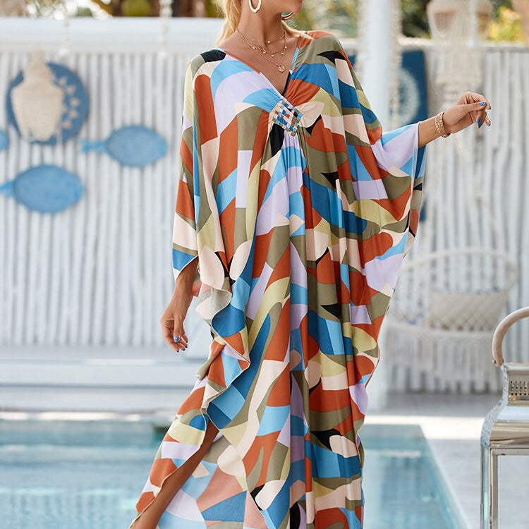 New Cover-up Over size Print Bohemian Maxi Dress Summer Swimsuit Cover Up Color-28(Rayon) One Size
