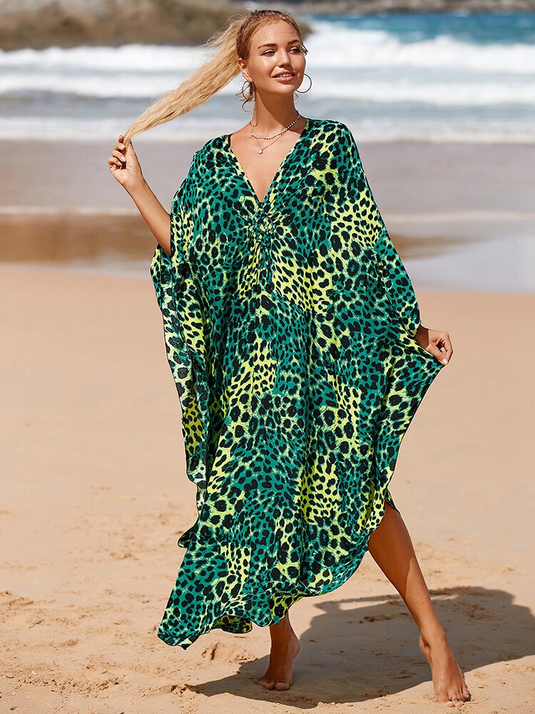 New Cover-up Over size Print Bohemian Maxi Dress Summer Swimsuit Cover Up Color-14(Rayon) One Size