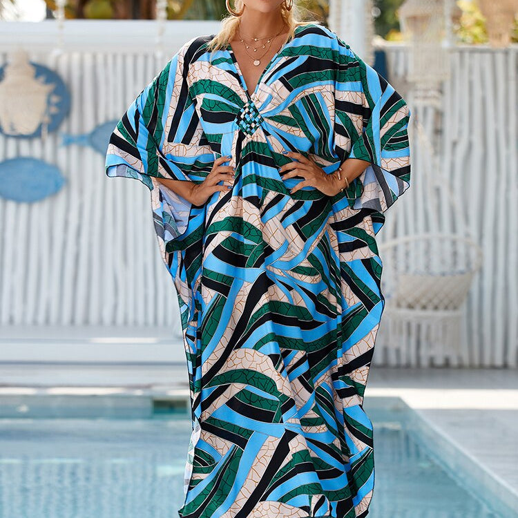 New Cover-up Over size Print Bohemian Maxi Dress Summer Swimsuit Cover Up Color-27(Rayon) One Size
