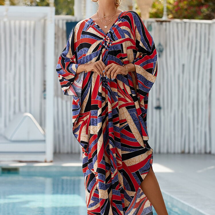New Cover-up Over size Print Bohemian Maxi Dress Summer Swimsuit Cover Up Color-29(Rayon) One Size