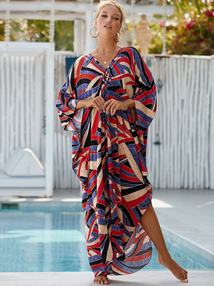 New Cover-up Over size Print Bohemian Maxi Dress Summer Swimsuit Cover Up Color-29(Rayon) One Size