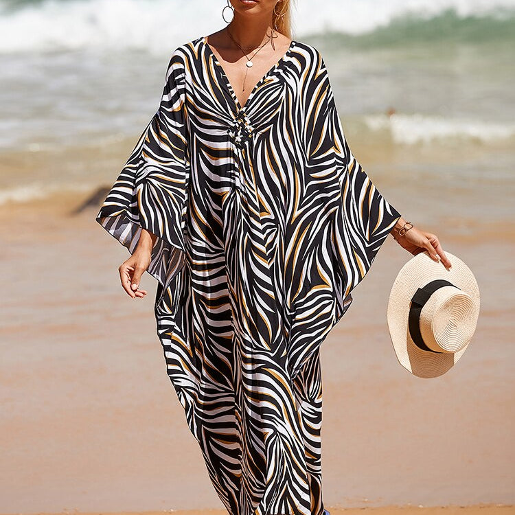 New Cover-up Over size Print Bohemian Maxi Dress Summer Swimsuit Cover Up Color-08(Rayon) One Size
