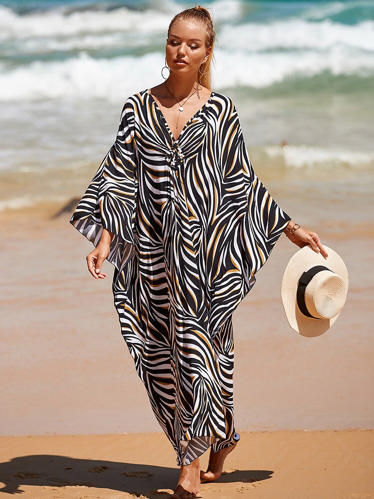 New Cover-up Over size Print Bohemian Maxi Dress Summer Swimsuit Cover Up Color-08(Rayon) One Size