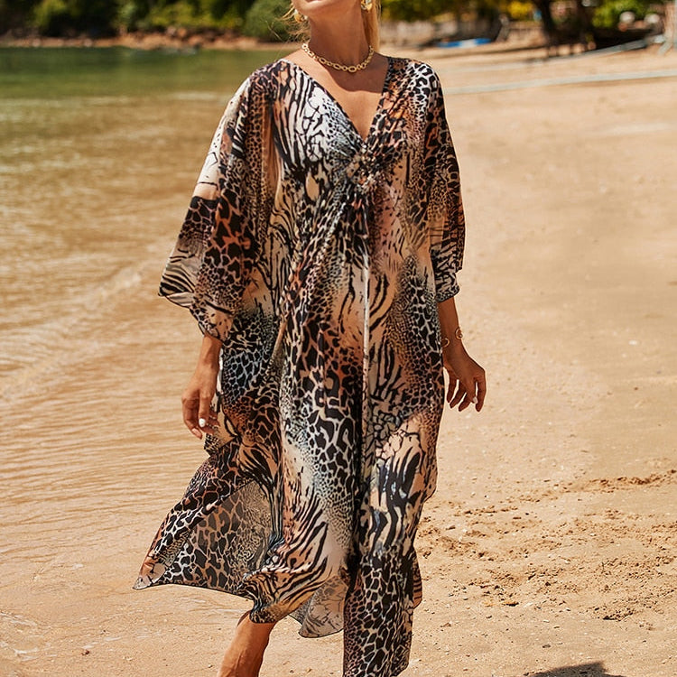 New Cover-up Over size Print Bohemian Maxi Dress Summer Swimsuit Cover Up Brown One Size