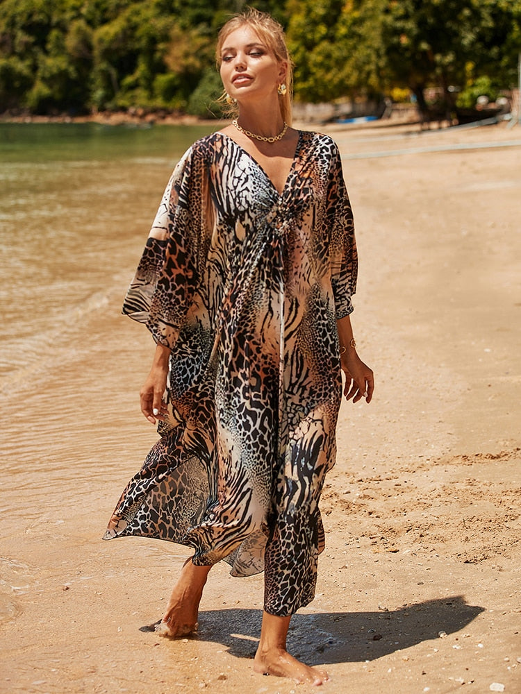 New Cover-up Over size Print Bohemian Maxi Dress Summer Swimsuit Cover Up Brown One Size