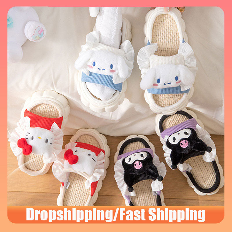 New Cute Cartoon Slipper Women Indoor Linen Casual Thick Bottom Sandals Bedroom Linen Slipper Children Spring Home Shoes