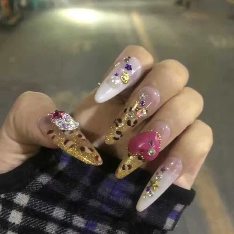 New Diy Hello Kitty Spice Girls Y2k Punk Finished Customized Sparkling Diamond Handmade Press on Nail Tips Detachable Manicure J