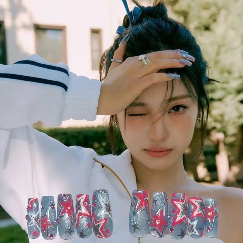 New Diy Hello Kitty Spice Girls Y2k Punk Finished Customized Sparkling Diamond Handmade Press on Nail Tips Detachable Manicure