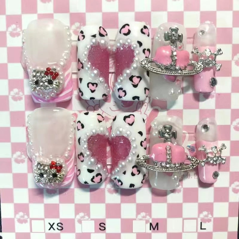 New Diy Hello Kitty Spice Girls Y2k Punk Finished Customized Sparkling Diamond Handmade Press on Nail Tips Detachable Manicure Q