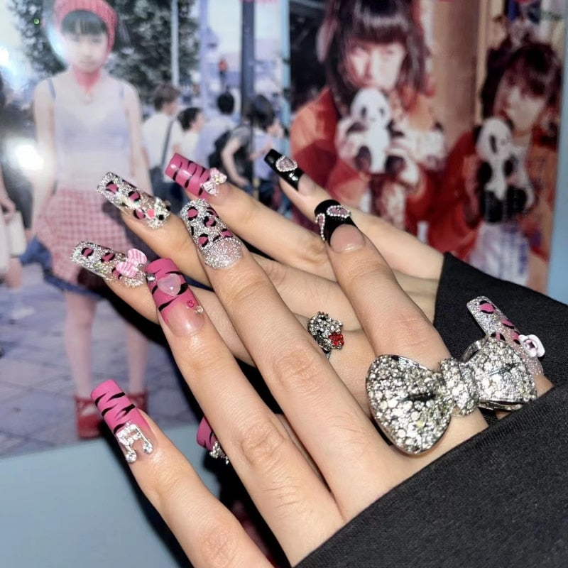 New Diy Hello Kitty Spice Girls Y2k Punk Finished Customized Sparkling Diamond Handmade Press on Nail Tips Detachable Manicure