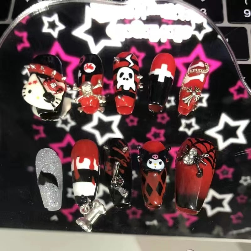 New Diy Hello Kitty Spice Girls Y2k Punk Finished Customized Sparkling Diamond Handmade Press on Nail Tips Detachable Manicure A