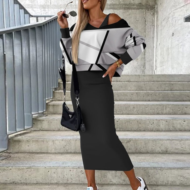 New Elegant Print Commuter Suit Autumn Holiday Street 2pc Set Fashion Bat Long Sleeve Tops+Bodycon Wrap Hip Long Skirts Outfits
