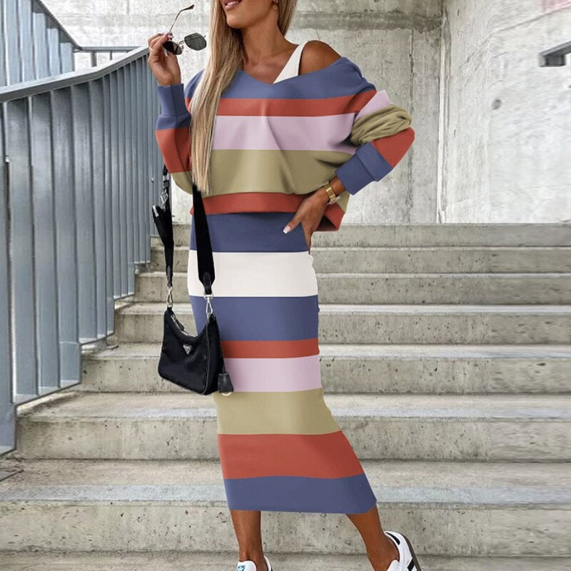New Elegant Print Commuter Suit Autumn Holiday Street 2pc Set Fashion Bat Long Sleeve Tops+Bodycon Wrap Hip Long Skirts Outfits 02 Colorful Stripe