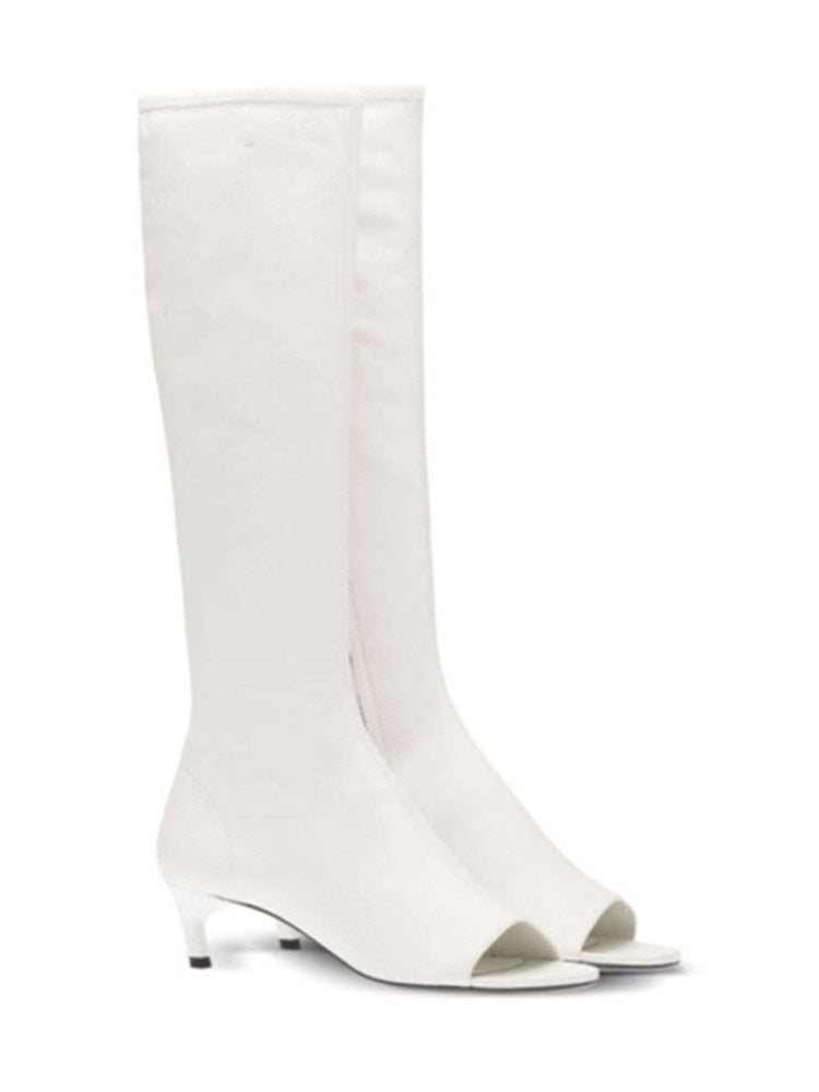 New European and American Fish Mouth Clip Toe Mid Boot, Fashionable Thin High Heel Side Zipper Women's High Tube Cool Boot 506-1-white