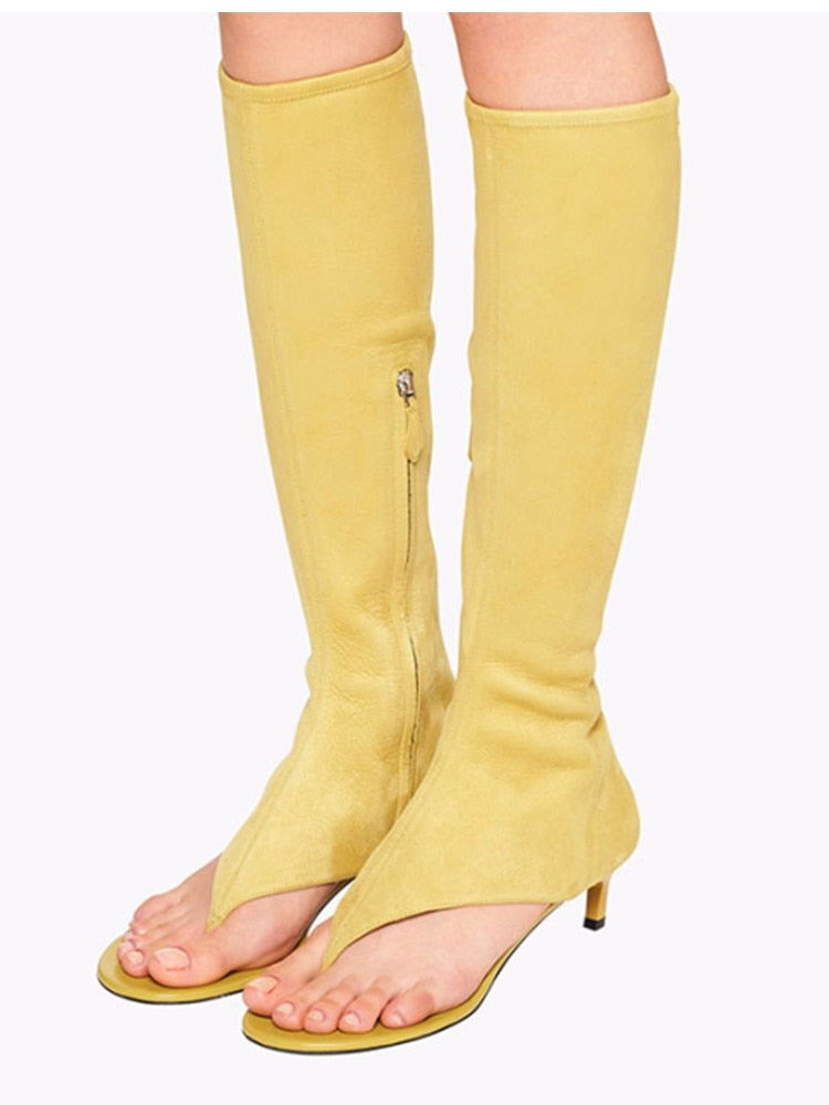 New European and American Fish Mouth Clip Toe Mid Boot, Fashionable Thin High Heel Side Zipper Women's High Tube Cool Boot 506-faint yellow