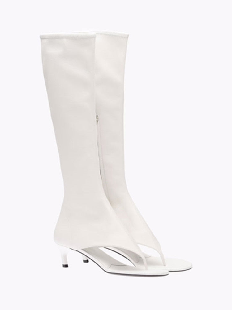 New European and American Fish Mouth Clip Toe Mid Boot, Fashionable Thin High Heel Side Zipper Women's High Tube Cool Boot 506-white