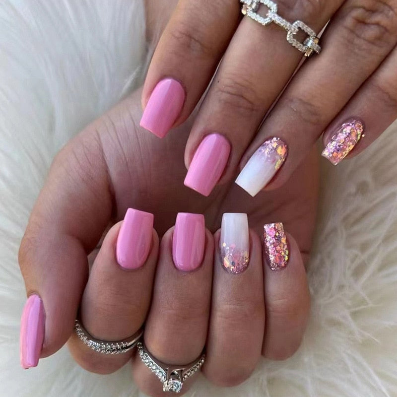 New Fake Nails Art Gel Tips Full Cover 24pcs Pink Shiny Shards With Press Glue Design Clear Short Ballet False Nails Press On