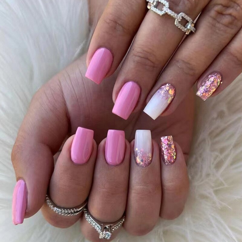 New Fake Nails Art Gel Tips Full Cover 24pcs Pink Shiny Shards With Press Glue Design Clear Short Ballet False Nails Press On QH328