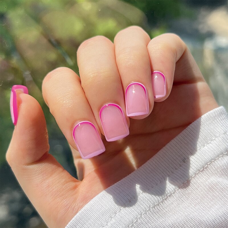 New Fake Nails Art Gel Tips Full Cover 24pcs Pink Shiny Shards With Press Glue Design Clear Short Ballet False Nails Press On LT814