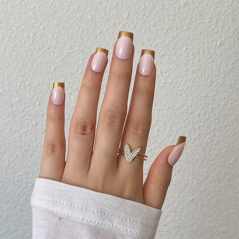 New Fake Nails Art Gel Tips Full Cover 24pcs Pink Shiny Shards With Press Glue Design Clear Short Ballet False Nails Press On LT812