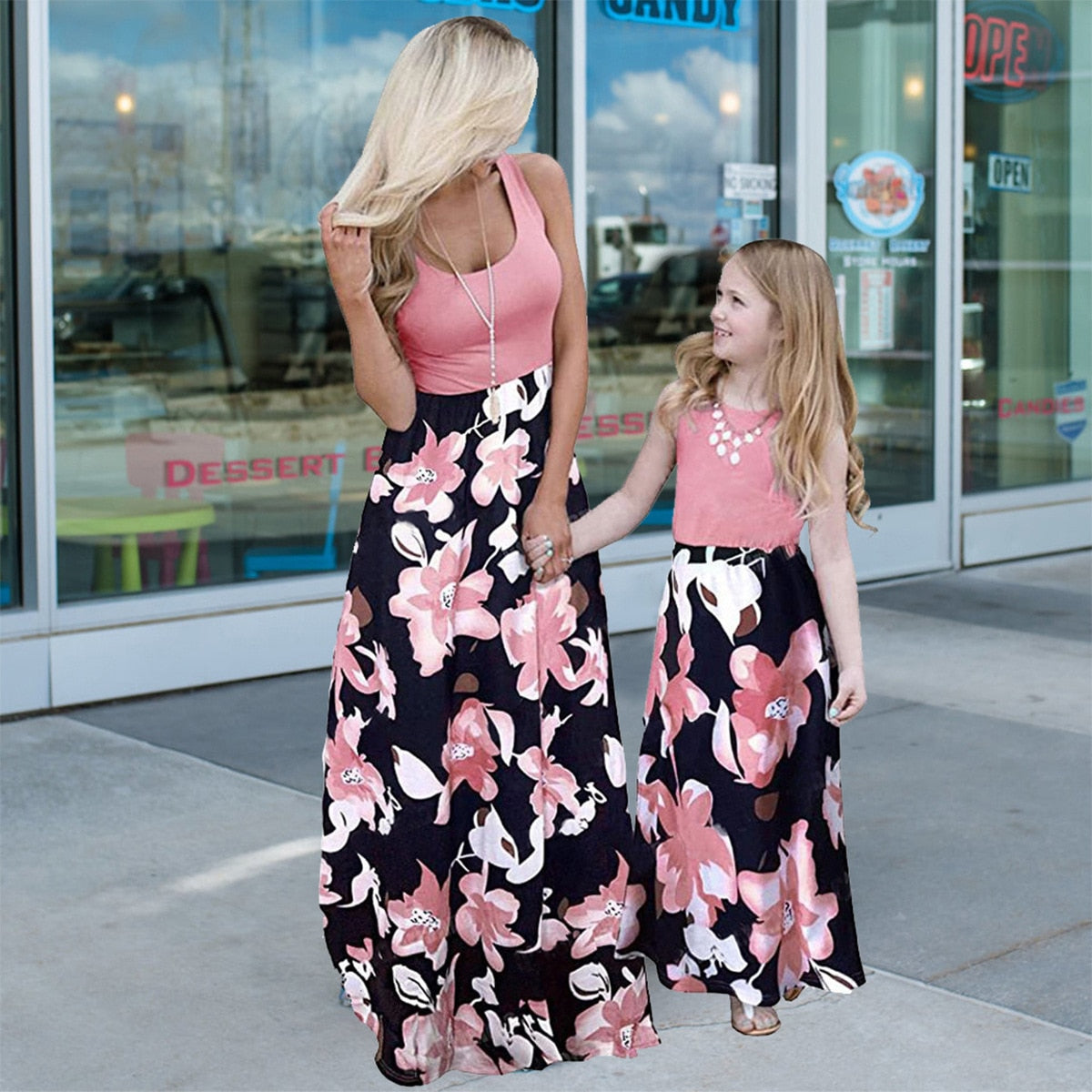 New Family Matching Maxi Tank Dress Summer Mom And Me Daughter Patchwork Floral Long Dresses For Women Mother Baby Girl Clothes Safflower
