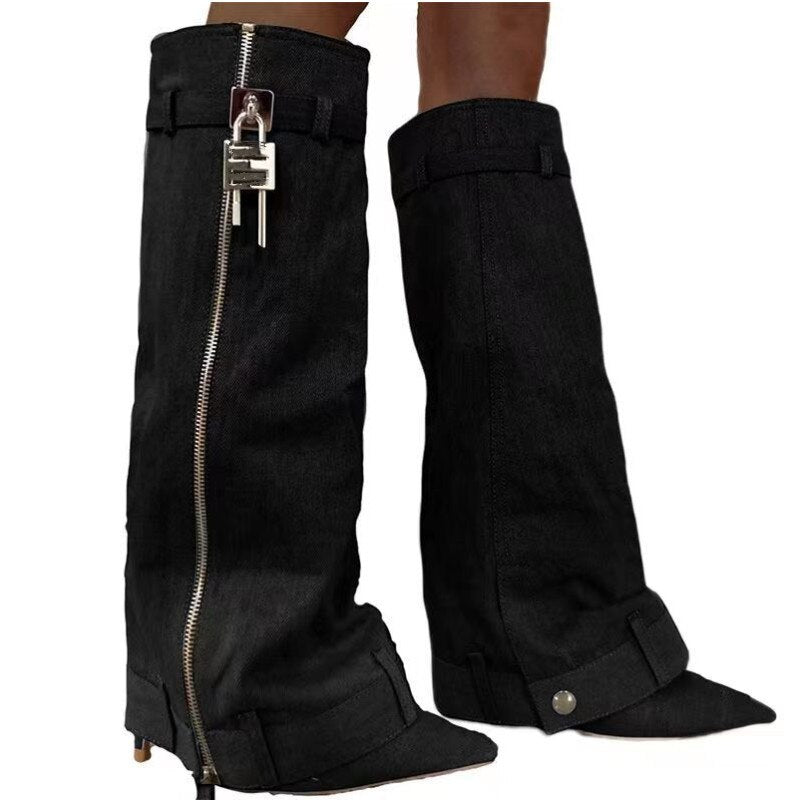 New Fashion Brand Thick Soled Cowboy Boot Round Toe Pointed High Leg Knee High Boots Slope Heel High Heel Women's Boots
