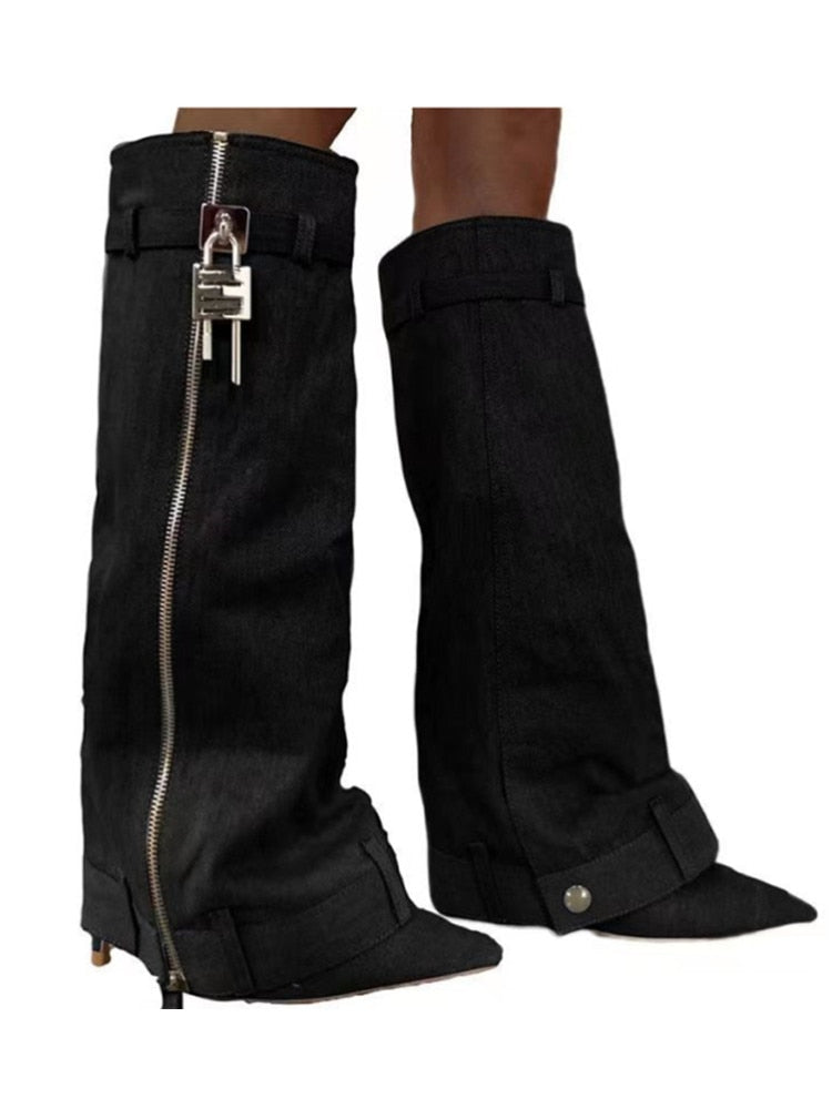 New Fashion Brand Thick Soled Cowboy Boot Round Toe Pointed High Leg Knee High Boots Slope Heel High Heel Women's Boots 6089 black