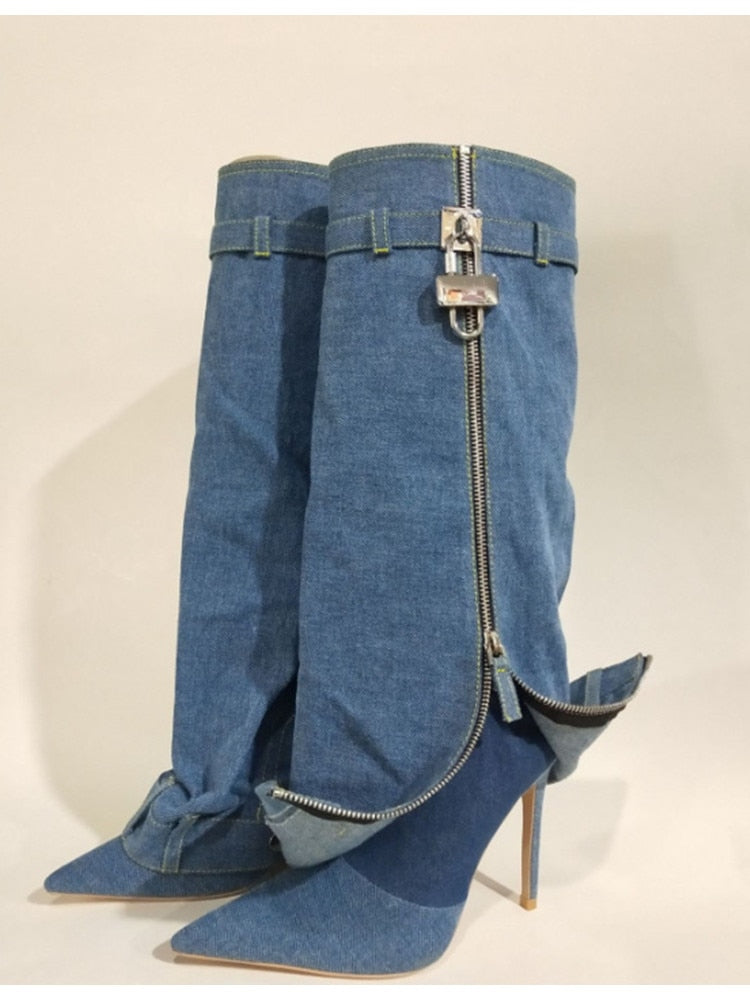 New Fashion Brand Thick Soled Cowboy Boot Round Toe Pointed High Leg Knee High Boots Slope Heel High Heel Women's Boots 6089 Deep blue