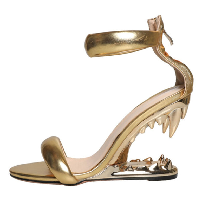 New Fashion Metal Teeth Shaped Heel Sandals Round Toe Back Zipper Women's Dress Large Women's Sandals Summer