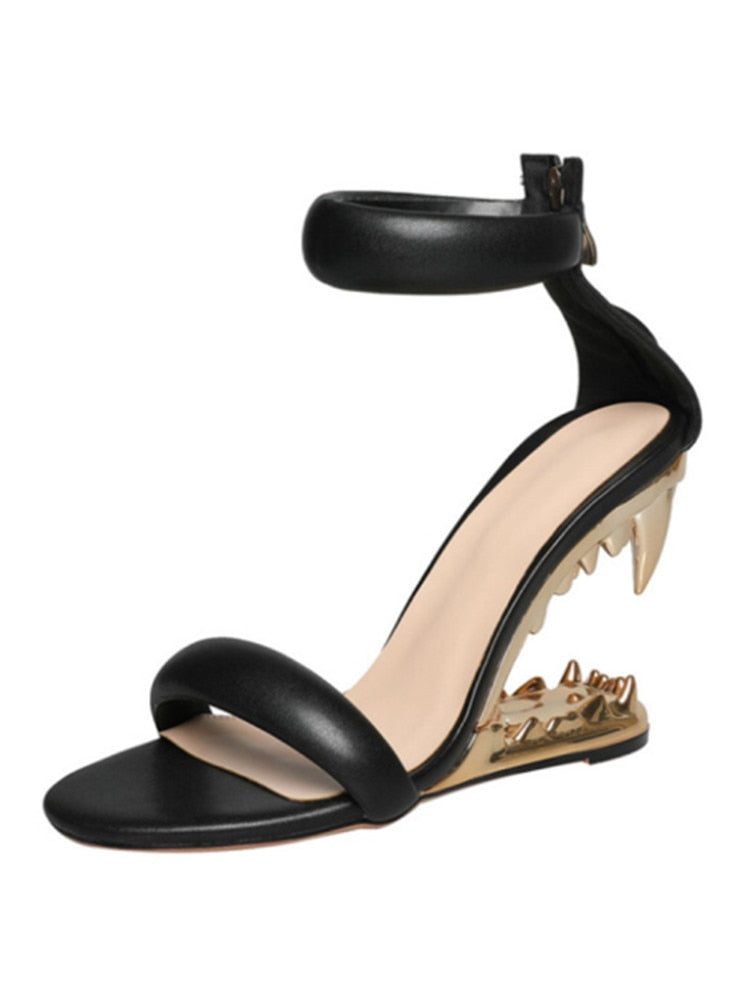 New Fashion Metal Teeth Shaped Heel Sandals Round Toe Back Zipper Women's Dress Large Women's Sandals Summer Blac3