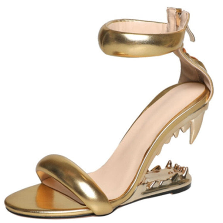 New Fashion Metal Teeth Shaped Heel Sandals Round Toe Back Zipper Women's Dress Large Women's Sandals Summer golden3