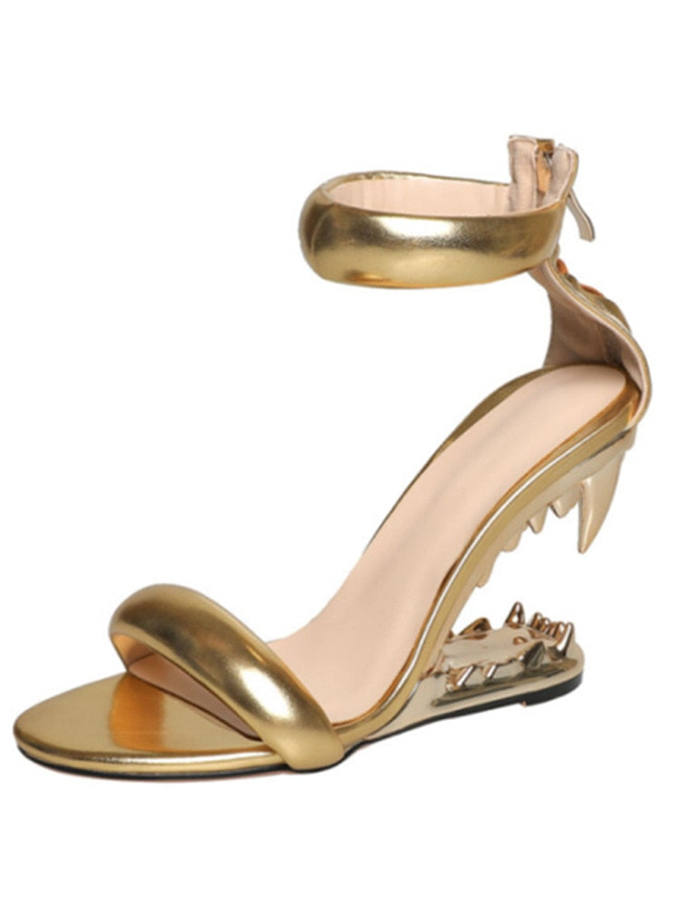New Fashion Metal Teeth Shaped Heel Sandals Round Toe Back Zipper Women's Dress Large Women's Sandals Summer golden3