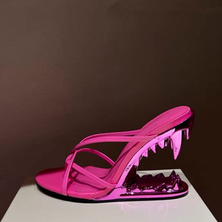 New Fashion Metal Teeth Shaped Heel Sandals Round Toe Back Zipper Women's Dress Large Women's Sandals Summer rose red 2