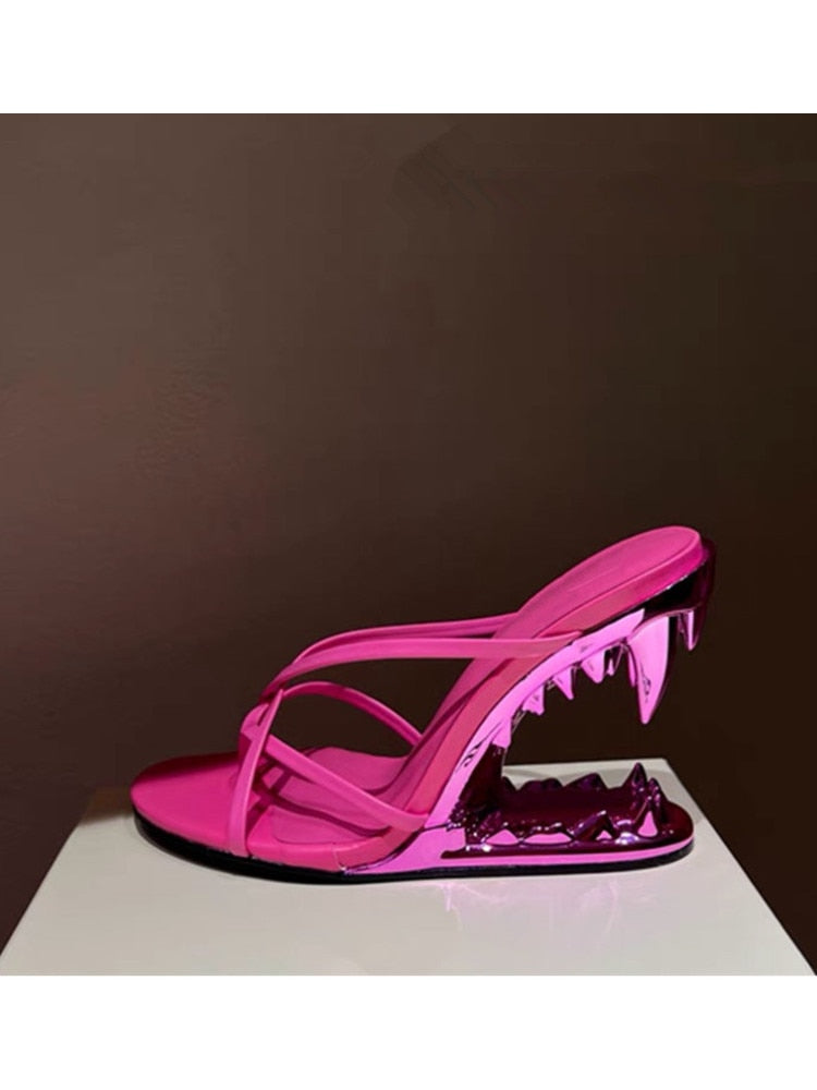 New Fashion Metal Teeth Shaped Heel Sandals Round Toe Back Zipper Women's Dress Large Women's Sandals Summer rose red 2