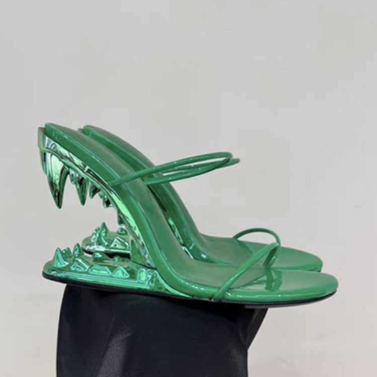 New Fashion Metal Teeth Shaped Heel Sandals Round Toe Back Zipper Women's Dress Large Women's Sandals Summer green1