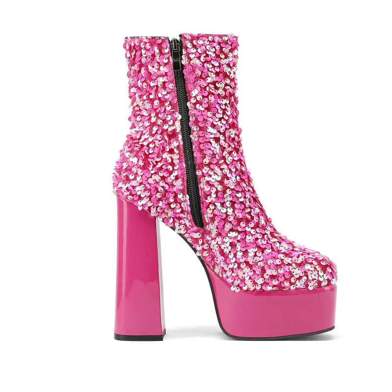 New Fashion Sequined Women Boots Platform Square High Heel Ankle Boots Autumn Winter Female Punk Boots Purple Blue Pink Gold